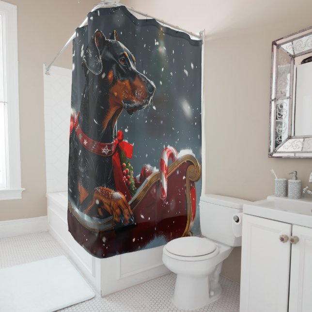 Doberman Dog Christmas Festive Shower Curtain (In Situ)