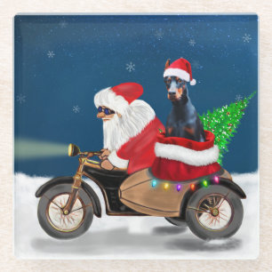Doberman Dog Christmas Santa Claus Glass Coaster