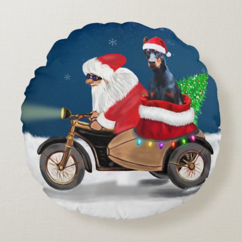 Doberman Dog Christmas Santa Claus Round Pillow