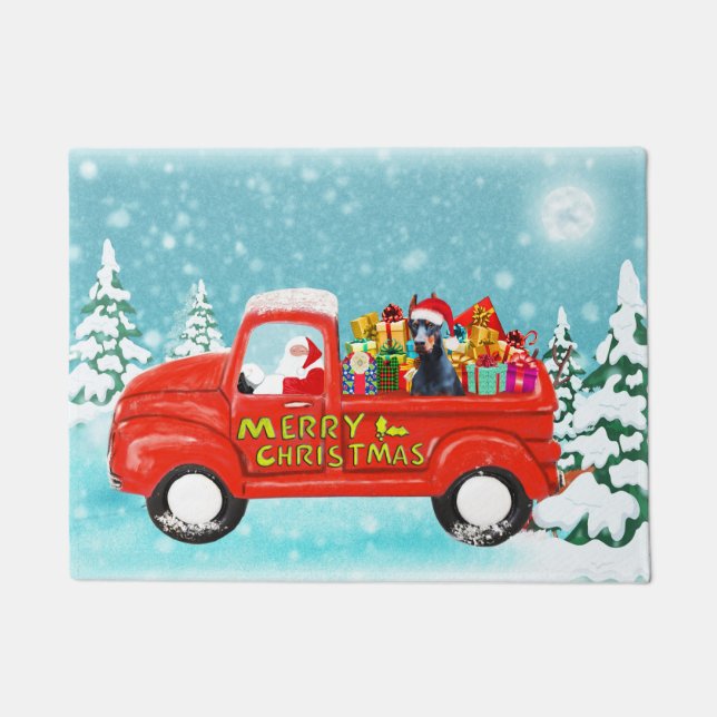 Doberman Dog Christmas Santa Delivery Truck Doormat (Front)