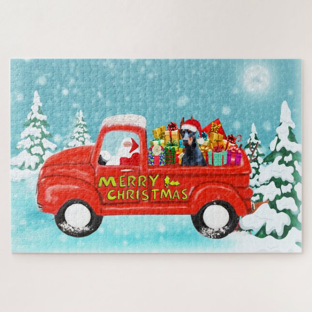 Doberman Dog Christmas Santa Delivery Truck Jigsaw Puzzle (Horizontal)