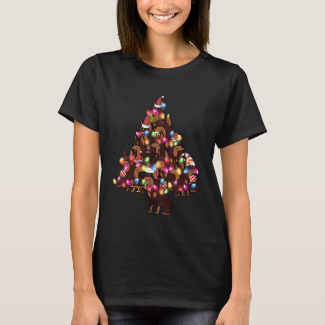 Doberman Dog   Cute Hat Xmas Tree Pile T-Shirt (Front)