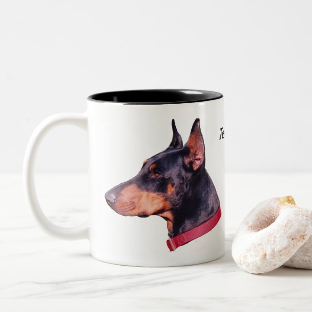 Doberman Dog Face Photo Personalized Two-Tone Coffee Mug (With Donut)