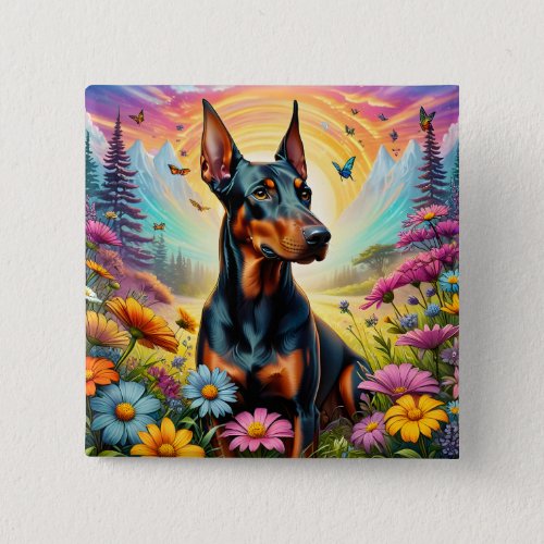 Doberman Dog Flowers And Mountain Scene Button