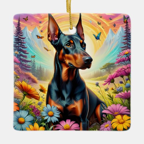 Doberman Dog Flowers And Mountain Scene Ceramic Ornament