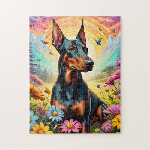 Doberman Dog Flowers And Mountain Scene Jigsaw Puzzle