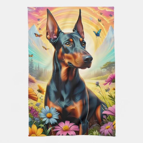 Doberman Dog Flowers And Mountain Scene Kitchen Towel