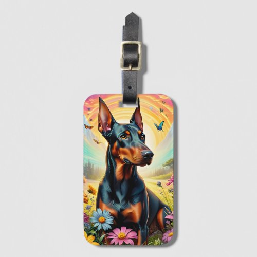 Doberman Dog Flowers And Mountain Scene Luggage Tag