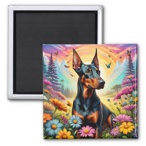 Doberman Dog Flowers And Mountain Scene Magnet