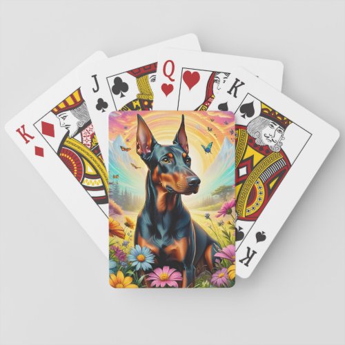 Doberman Dog Flowers And Mountain Scene Playing Cards