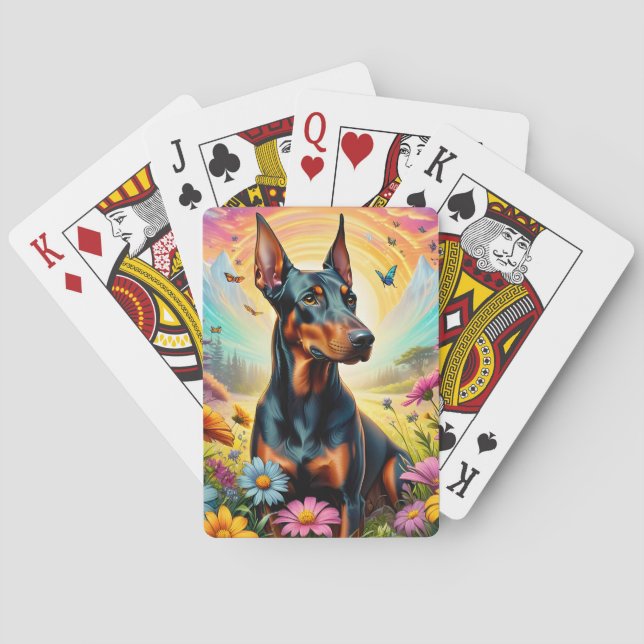 Doberman Dog, Flowers And Mountain Scene Poker Cards (Back)