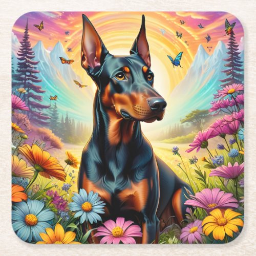 Doberman Dog Flowers And Mountain Scene Square Paper Coaster