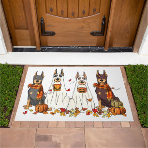 Doberman Dog Ghost Fall Autumn Leaves Thanksgiving Doormat
