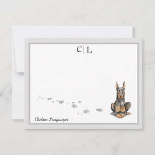 Doberman Dog Gray Border Monogram & Your Name Note Card