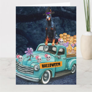 Doberman Dog Halloween Truck Scary Night Card