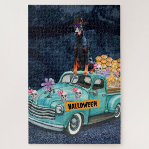 Doberman Dog Halloween Truck Scary Night Jigsaw Puzzle