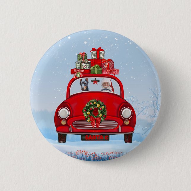 Doberman Dog In Car With Santa Claus Button (Front)