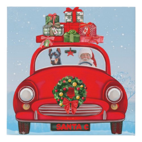 Doberman Dog In Car With Santa Claus  Faux Canvas Print