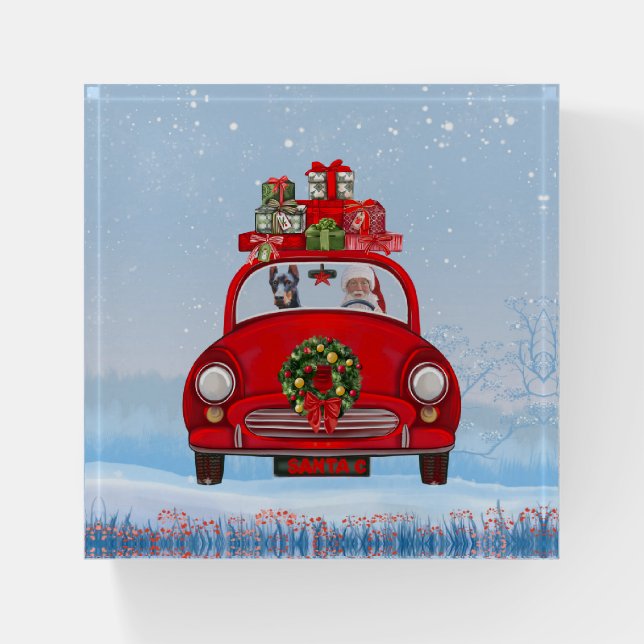 Doberman Dog In Car With Santa Claus  Paperweight (Front)