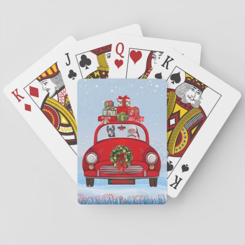 Doberman Dog In Car With Santa Claus Playing Cards