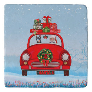 Doberman Dog In Car With Santa Claus  Trivet