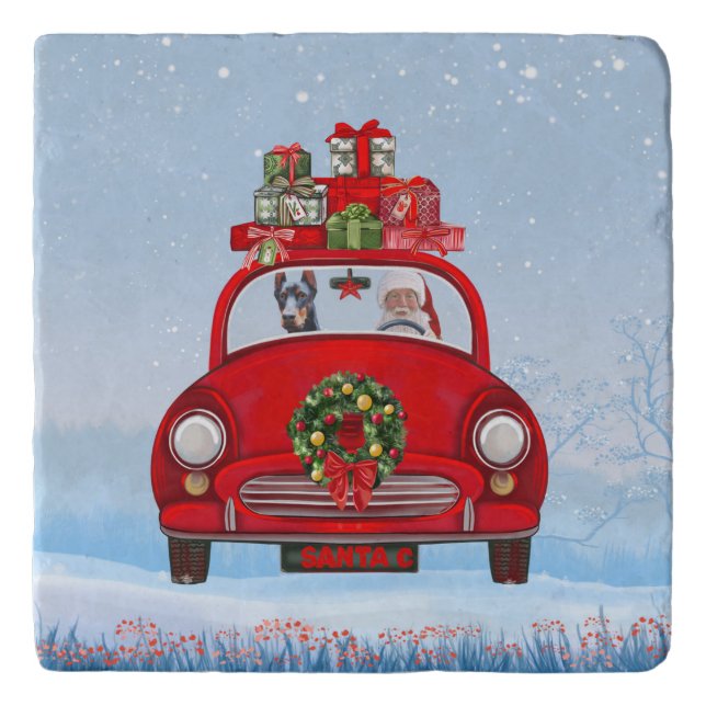 Doberman Dog In Car With Santa Claus  Trivet (Front)