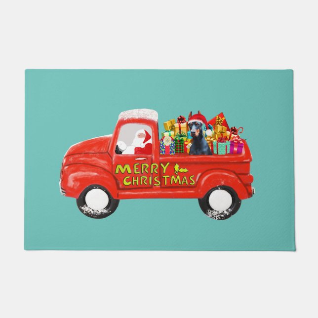 Doberman Dog in Christmas Delivery Truck Doormat (Front)