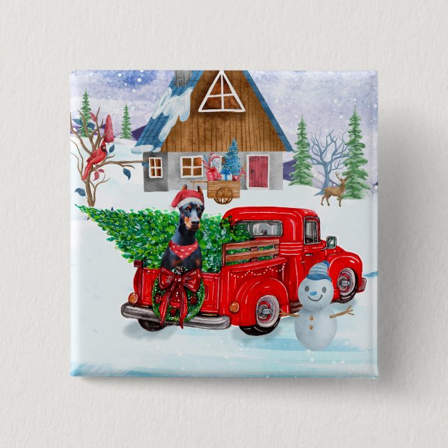 Doberman Dog In Christmas Delivery Truck Snow Button (Front)