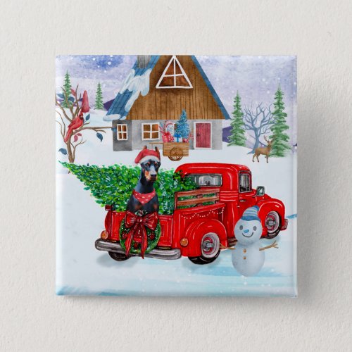 Doberman Dog In Christmas Delivery Truck Snow Button