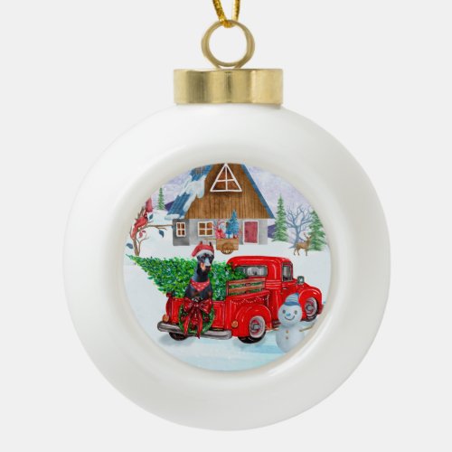 Doberman Dog In Christmas Delivery Truck Snow  Ceramic Ball Christmas Ornament