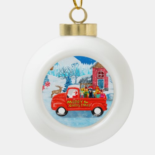 Doberman Dog in Christmas Delivery Truck Snow Ceramic Ball Christmas Ornament