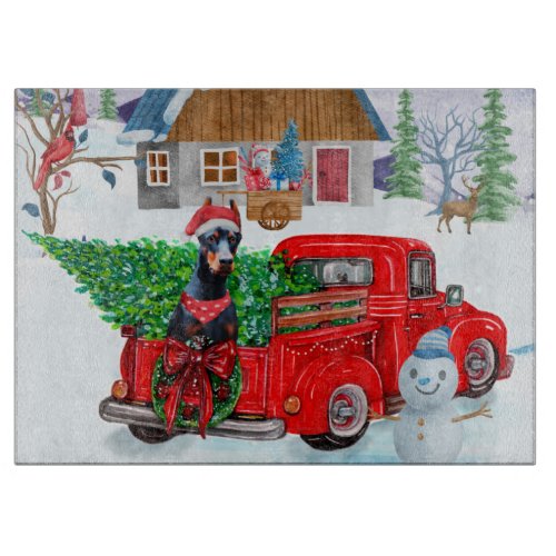 Doberman Dog In Christmas Delivery Truck Snow Cutting Board