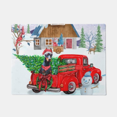 Doberman Dog In Christmas Delivery Truck Snow Doormat