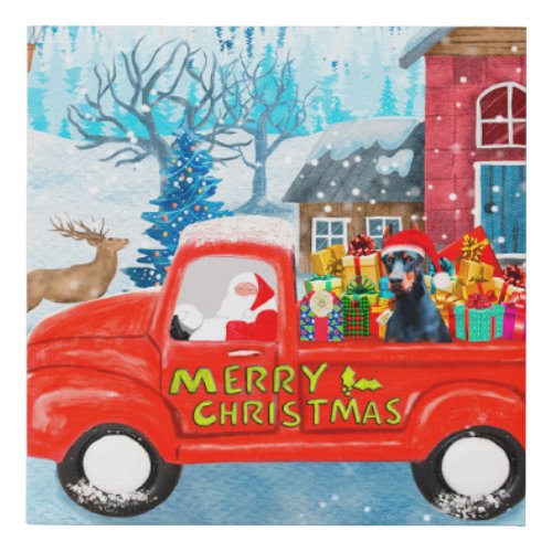Doberman Dog in Christmas Delivery Truck Snow Faux Canvas Print