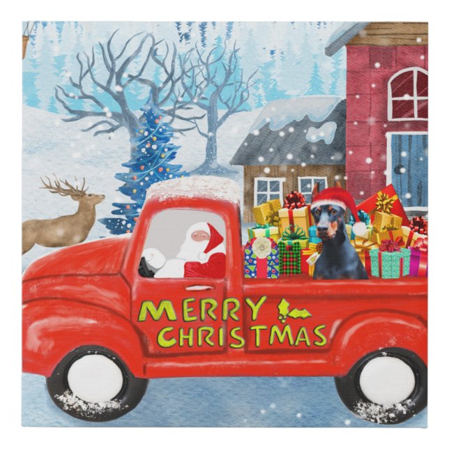 Doberman Dog in Christmas Delivery Truck Snow Faux Canvas Print (Front)