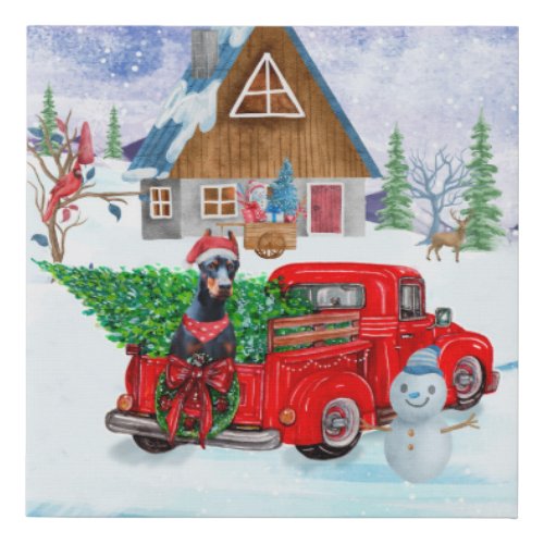 Doberman Dog In Christmas Delivery Truck Snow Faux Canvas Print