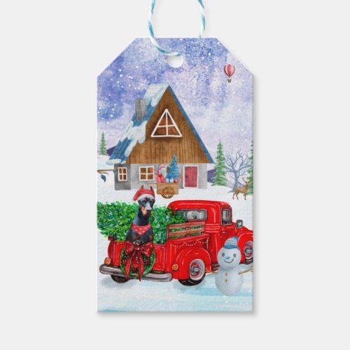 Doberman Dog In Christmas Delivery Truck Snow Gift Tags