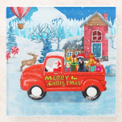 Doberman Dog in Christmas Delivery Truck Snow  Glass Coaster
