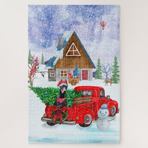 Doberman Dog In Christmas Delivery Truck Snow  Jigsaw Puzzle