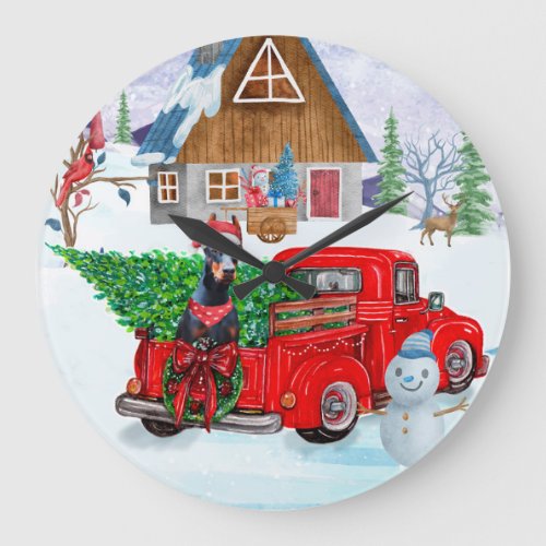 Doberman Dog In Christmas Delivery Truck Snow  Large Clock