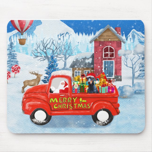 Doberman Dog in Christmas Delivery Truck Snow Mouse Pad (Front)