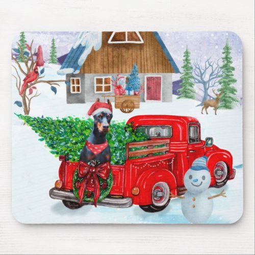 Doberman Dog In Christmas Delivery Truck Snow Mouse Pad