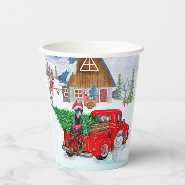 Doberman Dog In Christmas Delivery Truck Snow Paper Cups (Front)
