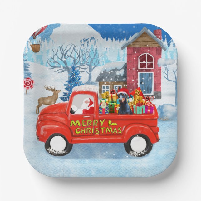 Doberman Dog in Christmas Delivery Truck Snow  Paper Plates (Front)