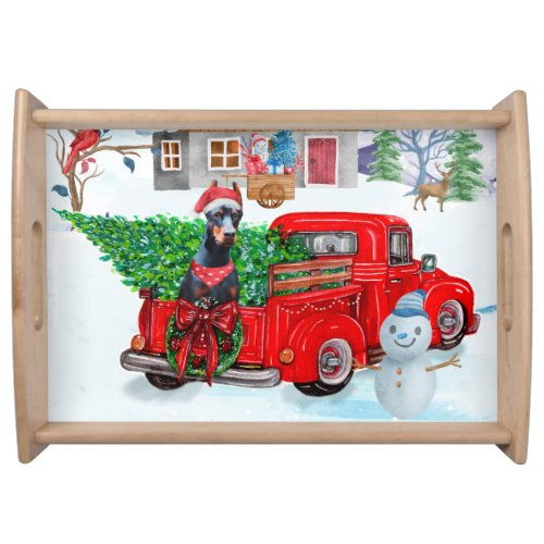 Doberman Dog In Christmas Delivery Truck Snow  Serving Tray