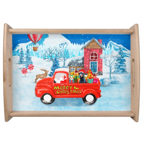 Doberman Dog in Christmas Delivery Truck Snow Serving Tray