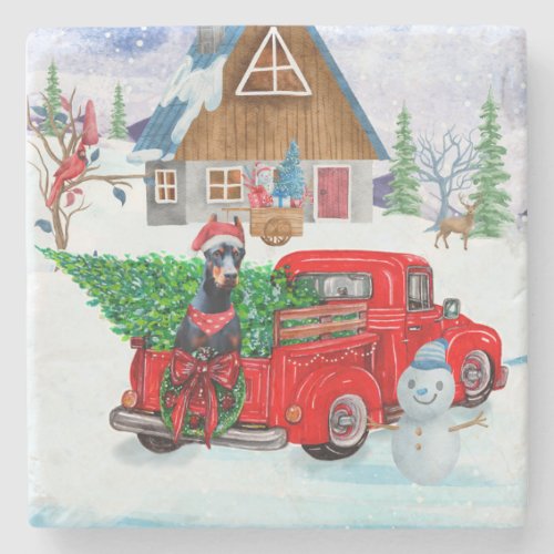 Doberman Dog In Christmas Delivery Truck Snow Stone Coaster