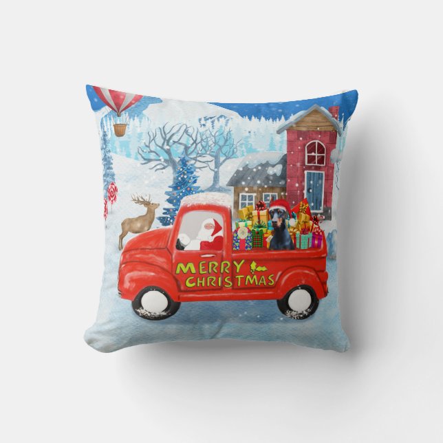 Doberman Dog in Christmas Delivery Truck Snow Throw Pillow (Front)