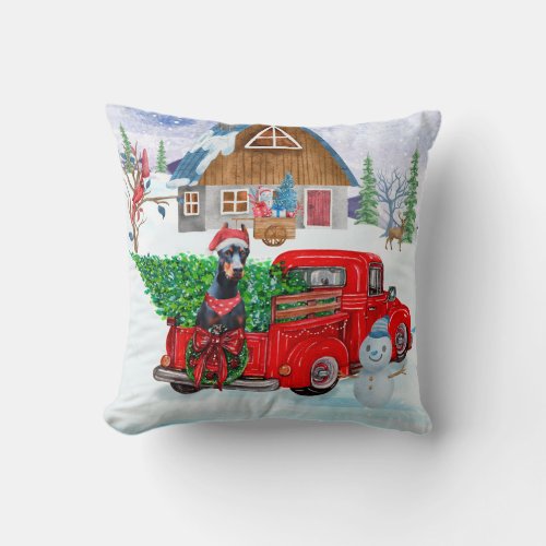 Doberman Dog In Christmas Delivery Truck Snow Throw Pillow