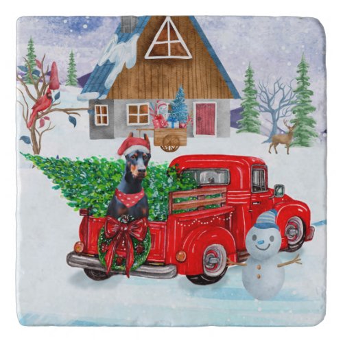 Doberman Dog In Christmas Delivery Truck Snow  Trivet